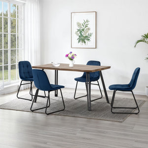 Quebec Wave Edge Dining Set with Lukas Chairs - Medium Oak Effect/Black/Sapphire Blue Velvet
