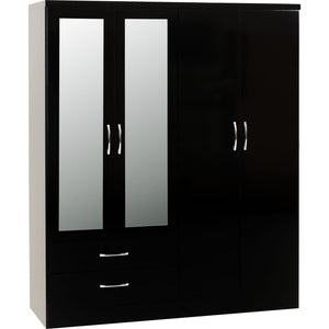 Nevada 4 Door 2 Drawer Mirrored Wardrobe Bedroom Set - BLACK GLOSS