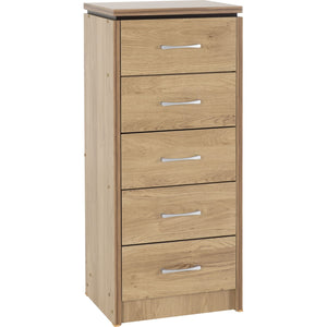 Charles 5 Drawer Narrow Chest - Oak Effect Veneer with Walnut Trim