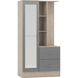 Nevada Mirrored Open Shelf Wardrobe - GREY GLOSS/LIGHT OAK EFFECT VENEER