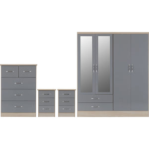 Nevada 4 Door 2 Drawer Mirrored Wardrobe Bedroom Set - GREY GLOSS/LIGHT OAK EFFECT VENEER
