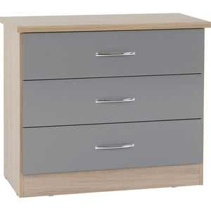 Nevada 3 Drawer Chest - GREY GLOSS/LIGHT OAK EFFECT VENEER