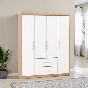 Seville 4 Door 2 Drawer Wardrobe - WHITE GLOSS/LIGHT OAK EFFECT VENEER