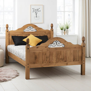 Corona Scroll 4'6" Bed High Foot End - DISTRESSED WAXED PINE
