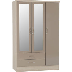 Nevada 3 Door 2 Drawer Mirrored Wardrobe - OYSTER GLOSS/LIGHT OAK EFFECT VENEER