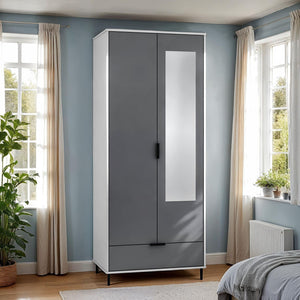 Madrid 2 Door 1 Drawer Mirrored Wardrobe - GREY/WHITE GLOSS