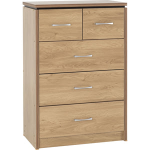 Charles 3+2 Drawer Chest - Oak Effect Veneer with Walnut Trim