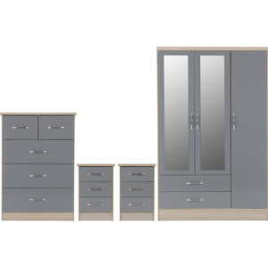 Nevada 3 Door 2 Drawer Mirrored Wardrobe Bedroom Set - GREY GLOSS/LIGHT OAK EFFECT VENEER