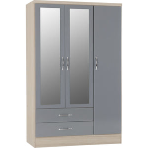 Nevada 3 Door 2 Drawer Mirrored Wardrobe - GREY GLOSS/LIGHT OAK EFFECT VENEER