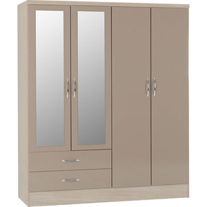 Nevada 4 Door 2 Drawer Mirrored Wardrobe - OYSTER GLOSS/LIGHT OAK EFFECT VENEER