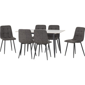 Fenton Dining Set (6 Chairs) - WHITE/DARK GREY SUEDE FABRIC