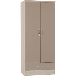 Nevada 2 Door 1 Drawer Wardrobe - OYSTER GLOSS/LIGHT OAK EFFECT VENEER
