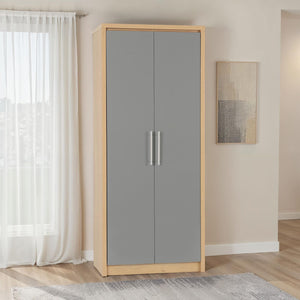 Seville 2 Door Wardrobe - Grey High Gloss/Light Oak Effect Veneer