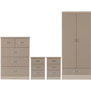 Nevada 2 Door 1 Drawer Wardrobe Bedroom Set - OYSTER GLOSS/LIGHT OAK EFFECT VENEER