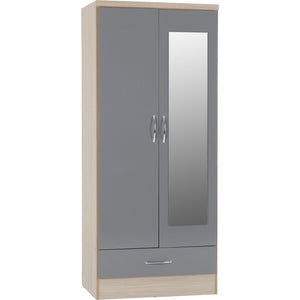 Nevada Mirrored 2 Door 1 Drawer Wardrobe - GREY GLOSS/LIGHT OAK EFFECT VENEER