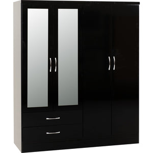 Nevada 4 Door 2 Drawer Mirrored Wardrobe - BLACK GLOSS