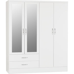 Nevada 4 Door 2 Drawer Mirrored Wardrobe - WHITE GLOSS