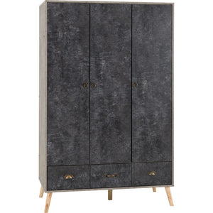 Nordic 3 Door 3 Drawer Wardrobe - Concrete Effect/Charcoal