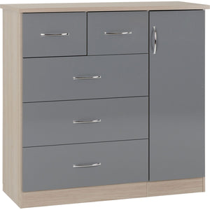 Nevada 5 Drawer Low Wardrobe - GREY GLOSS/LIGHT OAK EFFECT VENEER