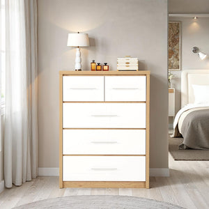 Seville 3+2 Drawer Chest - White High Gloss/Light Oak Effect Veneer