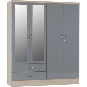 Nevada 4 Door 2 Drawer Mirrored Wardrobe - GREY GLOSS/LIGHT OAK EFFECT VENEER