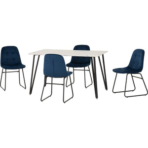Marlow Dining Set with Lukas Chairs - WHITE MARBLE/SAPPHIRE BLUE VELVET