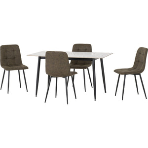 Fenton Dining Set (4 Chairs) - White Marble Stone Effect/Olive Green Suede Fabric