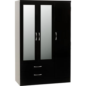 Nevada 3 Door 2 Drawer Mirrored Wardrobe - BLACK GLOSS