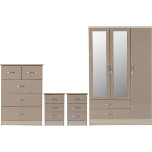 Nevada 3 Door 2 Drawer Mirrored Wardrobe Bedroom Set - OYSTER GLOSS/LIGHT OAK EFFECT VENEER