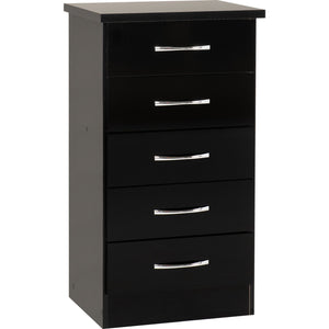 Nevada 5 Drawer Narrow Chest - BLACK GLOSS