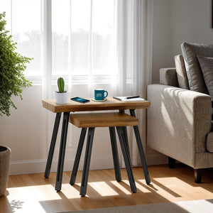 Quebec Wave Edge Nest of Tables - Medium Oak Effect/Black