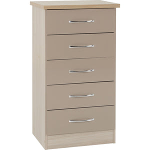 Nevada 5 Drawer Narrow Chest - OYSTER GLOSS/LIGHT OAK EFFECT VENEER