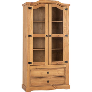 Corona 2 Door 2 Drawer Glass Display Unit - Distressed Waxed Pine/Clear Glass