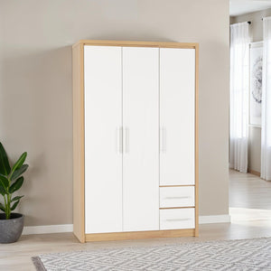 Seville 3 Door 2 Drawer Wardrobe - WHITE GLOSS/LIGHT OAK EFFECT VENEER