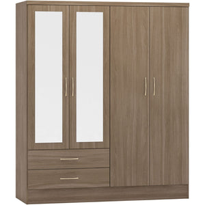 Nevada 4 Door 2 Drawer Mirrored Wardrobe - RUSTIC OAK EFFECT