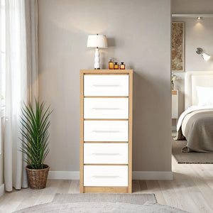 Seville 5 Drawer Narrow Chest - WHITE GLOSS/LIGHT OAK EFFECT VENEER