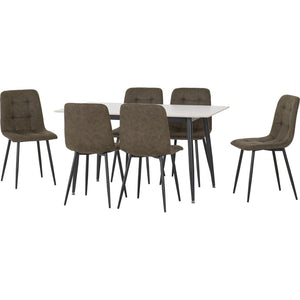 Fenton Dining Set (6 Chairs) - White Marble Stone Effect/Olive Green Suede Fabric