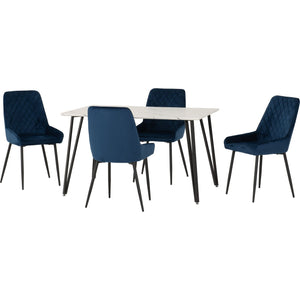 Marlow Dining Set with Avery Chairs - WHITE MARBLE/SAPPHIRE BLUE VELVET
