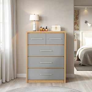 Seville 3+2 Drawer Chest - GREY GLOSS/LIGHT OAK EFFECT VENEER