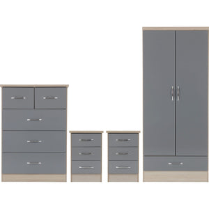 Nevada 2 Door 1 Drawer Wardrobe Bedroom Set - GREY GLOSS/LIGHT OAK EFFECT VENEER