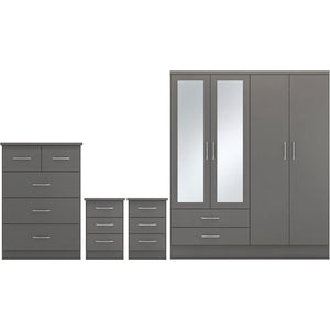 Nevada 4 Door 2 Drawer Mirrored Wardrobe Bedroom Set - 3D EFFECT GREY