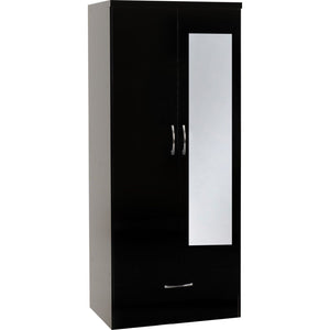 Nevada Mirrored 2 Door 1 Drawer Wardrobe - BLACK GLOSS