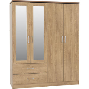 Charles 4 Door 2 Drawer Mirrored Wardrobe - Oak Effect Veneer with Walnut Trim