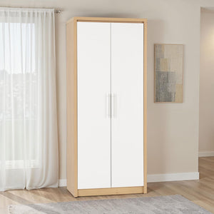 Seville 2 Door Wardrobe - WHITE GLOSS/LIGHT OAK EFFECT VENEER