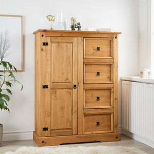 Corona 1 Door 4 Drawer Low Wardrobe - DISTRESSED WAXED PINE