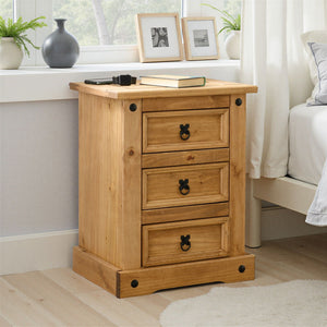Corona 3 Drawer Bedside - DISTRESSED WAXED PINE