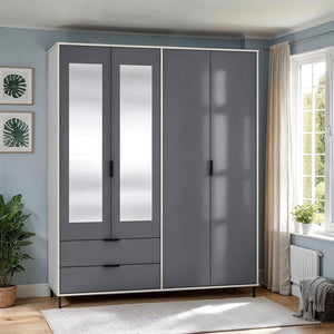 Madrid 4 Door 2 Drawer Mirrored Wardrobe - GREY/WHITE GLOSS