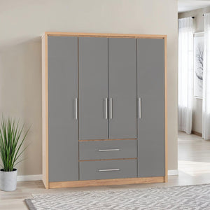 Seville 4 Door 2 Drawer Wardrobe - GREY GLOSS/LIGHT OAK EFFECT VENEER