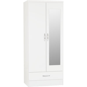 Nevada Mirrored 2 Door 1 Drawer Wardrobe - WHITE GLOSS
