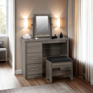Lisbon 3 Piece Dressing Table Set with Mirror - BLACK WOOD GRAIN/BLACK PU